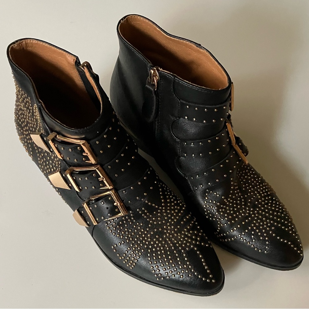 Susanna Black Studded Leather Booties | Rose Gold Buckle Floral Studs | Size 9